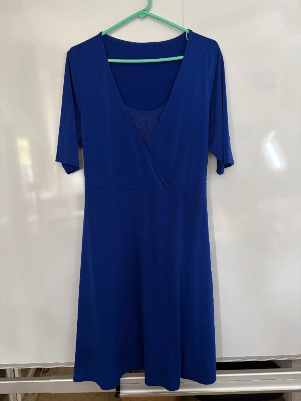 💙 Penningtons Royal Blue Mock Wrap Dress: Lace V-Neck Tie Back Midi Size X